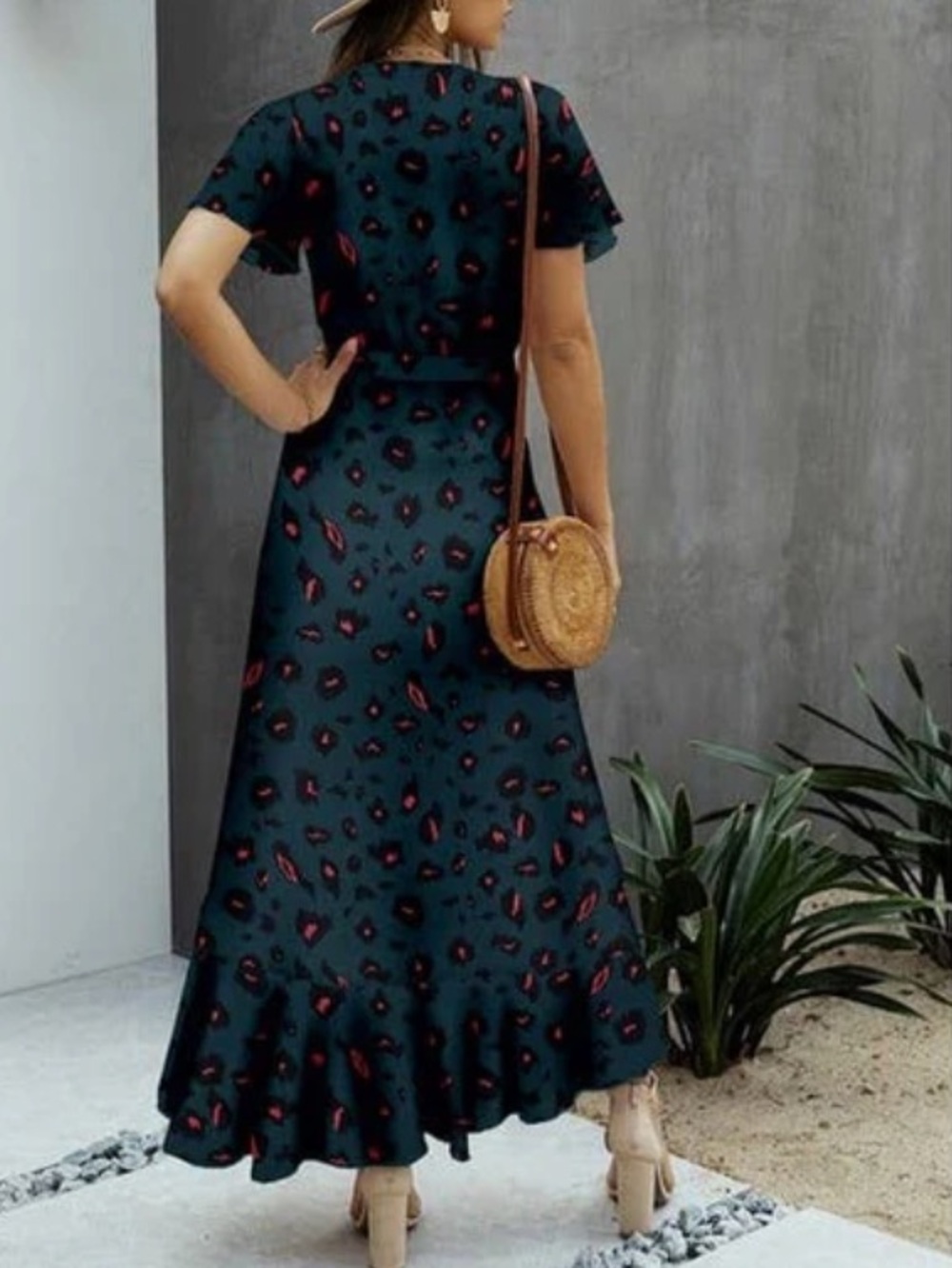 1176.  Dark Blue Teal Floral Maxi Wrap Dress with Ruffle Hem - Picture 3 of 3
